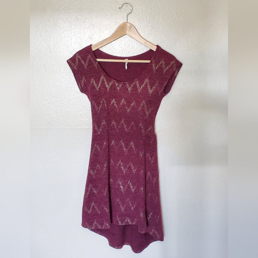 My Beloved High Low Burgundy Dress with Gold Thread Woven and Babydoll Sleeves